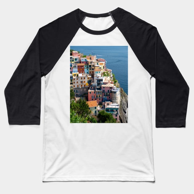 View on the cliff town of Manarola, one of the colorful Cinque Terre on the Italian west coast Baseball T-Shirt by Dolfilms